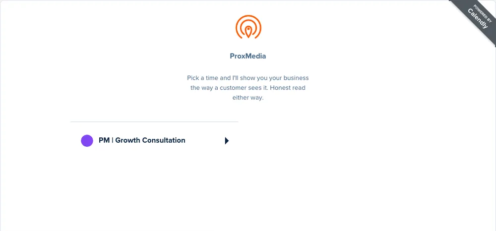 ProxMedia's booking page on Calendly: pick a time for a 15-minute call