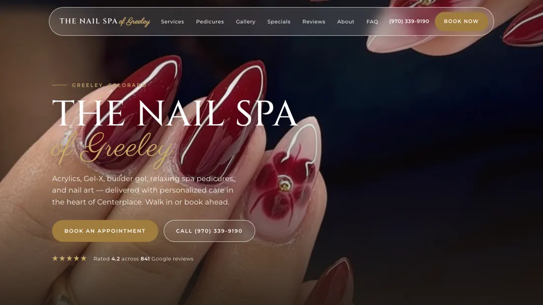 The Nail Spa of Greeley website homepage — dark luxury design with booking and click-to-call, built by ProxMedia
