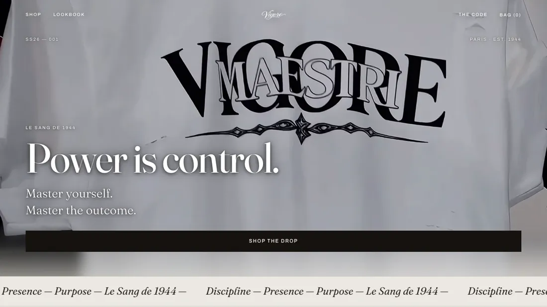 Vigore Maestri custom storefront homepage — brutalist editorial design over a Shopify backend, built by ProxMedia